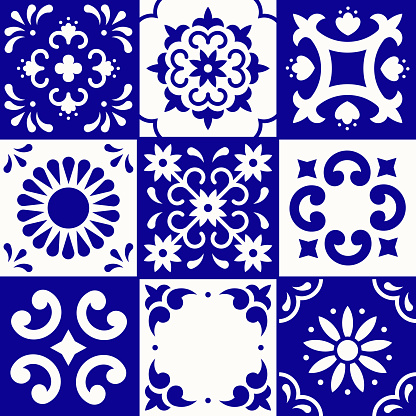 Mexican talavera pattern. Ceramic tiles in traditional style from Puebla. Mexico floral mosaic in blue and white. Folk art design.