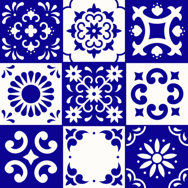 Mexican talavera pattern. Ceramic tiles in traditional style from Puebla. Mexico floral mosaic in blue and white. Folk art design. Mexican talavera pattern. Ceramic tiles in traditional style from Puebla. Mexico floral mosaic in blue and white. Folk art design arabesque position stock illustrations