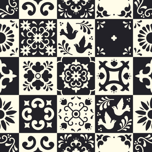 Mexican talavera seamless pattern. Ceramic tiles with flower, leaves and bird ornaments in traditional majolica style from Puebla. Mexico floral mosaic in classic black and white. Folk art design. Mexican talavera seamless pattern. Ceramic tiles with flower, leaves and bird ornaments in traditional majolica style from Puebla. Mexico floral mosaic in classic black and white. Folk art design craft product stock illustrations
