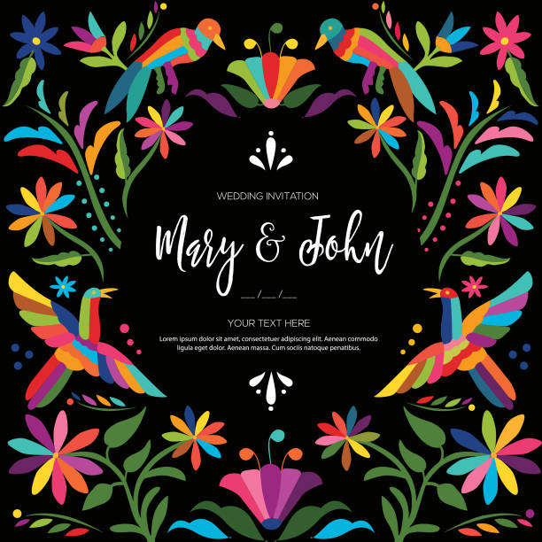 Mexican Traditional Otomí Wedding Invitation - Copy Space Colorful Mexican Traditional Textile Embroidery Style from Tenango, Hidalgo; México - Floral Composition with Birds black background illustrations stock illustrations