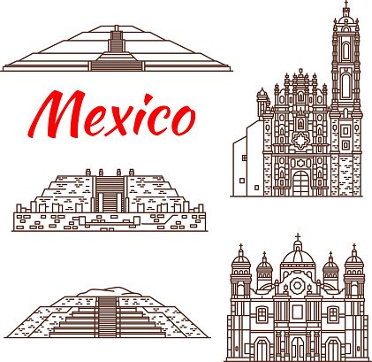 Mexican Travel Landmark Icon Of Pyramid And Church Stock Illustration ...