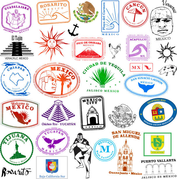 мексиканские туристические марки винтаж стиль - tijuana stock illustrations