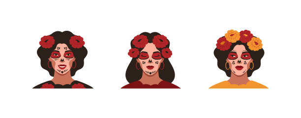 Mexican young women with sugar skull makeup for the Day of the Dead. Female festive portraits with flowers for Dia de Los Muertos. Mexican young women with sugar skull makeup for the Day of the Dead. Female festive portraits with flowers for Dia de Los Muertos. Vector illustration isolated from white mexican teenage girls stock illustrations