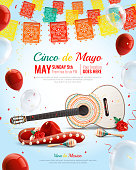 Realistic mexican holiday cinco de mayo composition with sombrero maracas guitar balloons vector illustration