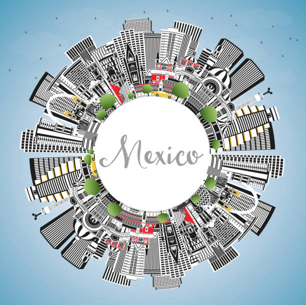墨西哥城天際線與灰色建築，藍天和複製空間。 - tijuana 幅插畫檔、美工圖案、卡通及圖標