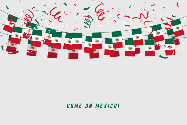 Mexico garland flag with confetti on gray background, Hang bunting for Mexico celebration template banner.  mexican independence day stock illustrations