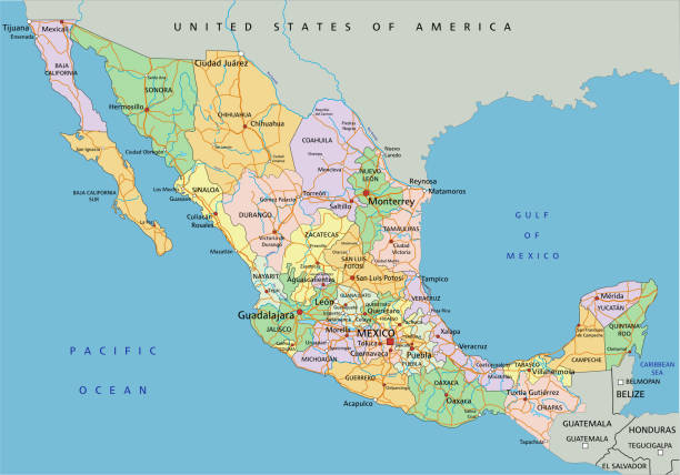 meksika-etiketleme ile son derece detaylı düzenlenebilir siyasi harita. - tijuana stock illustrations
