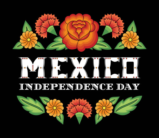 Mexico Independence Day illustration vector for card template. Traditional flowers embroidery ornaments pattern frame. Background design for fiesta carnival banner, mexican party invitation.  mexican independence day stock illustrations