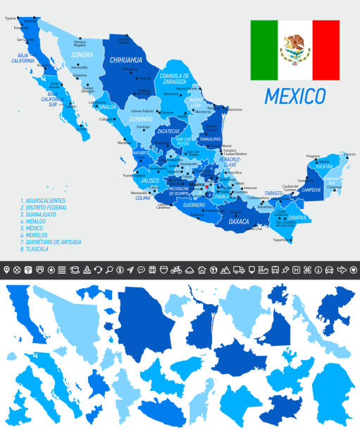карта мексики с национальным флагом, разделенные штаты и навигационные значки - tijuana stock illustrations