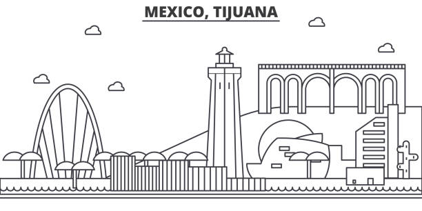墨西哥蒂華納建築線天際線圖。線性向量的景觀，如著名的地標，市內的旅遊景點，設計圖示。景觀與可編輯筆觸 - tijuana 幅插畫檔、美工圖案、卡通及圖標