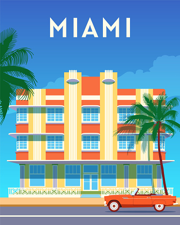 Miami city travel retro poster, sunny day in Art Deco District. Summer Florida vintage banner. Hand drawn flat vector illustration.