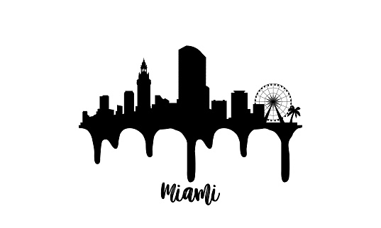 Miami USA black skyline silhouette vector illustration on white background with dripping ink effect.