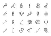 Mic flat line icons set. Podcast mike, journalist microphone, karaoke, conference, windscreen, retro radio vector illustration. Outline pictogram for music store. Pixel perfect 64x64. Editable Strokes