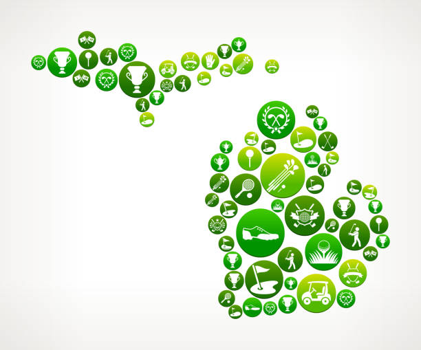Michigan Golf and Golfing Green Vector Button Pattern Michigan Golf and Golfing Green Vector Button Pattern. The main object is composed of green round button that vary in size and color shade. The buttons feature white icons of golf and golfing. The icons represent summer golfing fun and recreation activities and include such golfing classics as the golf ball, a set of golfing clubs, golfer stick figures enjoying the game and many more. This image is an ideal fit for all your golfing iconography needs. michigan shooting stock illustrations