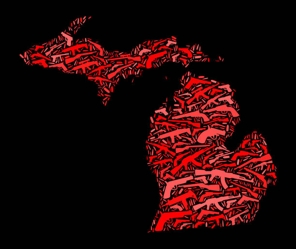 Michigan Gun Icon Pattern Background Michigan Gun Icon Pattern Background. The icon shape is made up of various gun and bullet icons in red color. The background is solid black and the red guns, machine guns, bullet, cross hair and target icons vary in size. michigan shooting stock illustrations