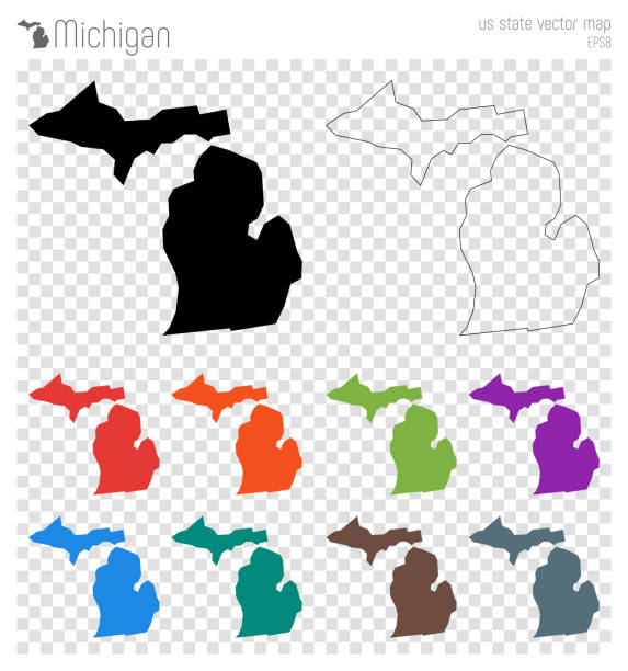 ilustraciones, imágenes clip art, dibujos animados e iconos de stock de mapa muy detallado de michigan. - michigan