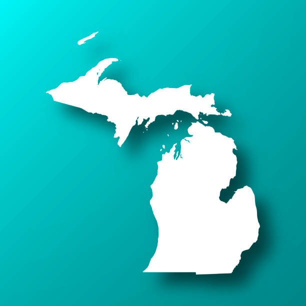 Michigan map on Blue Green background with shadow White map of Michigan isolated on a trendy color, a blue green background and with a dropshadow. Vector Illustration (EPS10, well layered and grouped). Easy to edit, manipulate, resize or colorize. michigan stock illustrations