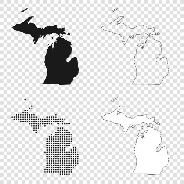 Michigan maps for design - Black, outline, mosaic and white Map of Michigan for your own design. With space for your text and your background. Four maps included in the bundle: - One black map. - One blank map with only a thin black outline (in a line art style). - One mosaic map. - One white map with a thin black outline. The 4 maps are isolated on a blank background (for easy change background or texture).The layers are named to facilitate your customization. Vector Illustration (EPS10, well layered and grouped). Easy to edit, manipulate, resize or colorize. michigan stock illustrations