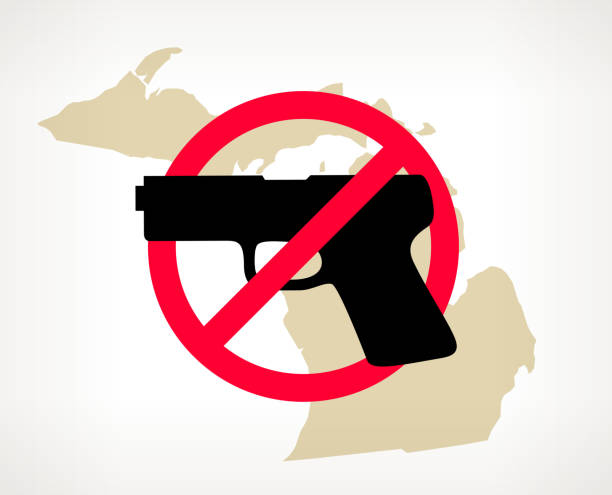 Michigan No Gun Violence Vector Poster Michigan No Gun Violence Vector PosterUS Map No Gun Violence Vector Poster. The gun is placed in a red forbidden circle over the outlines of the map. The gun is black in color and the map is beige. It is on a light background with a slight gradient. The image represents a growing campaign to end gun violence and to ban semi-automatic and automatic weapons. michigan shooting stock illustrations