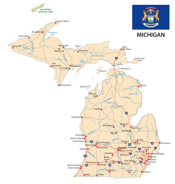 michigan road map with flag michigan road vector map with flag michigan stock illustrations