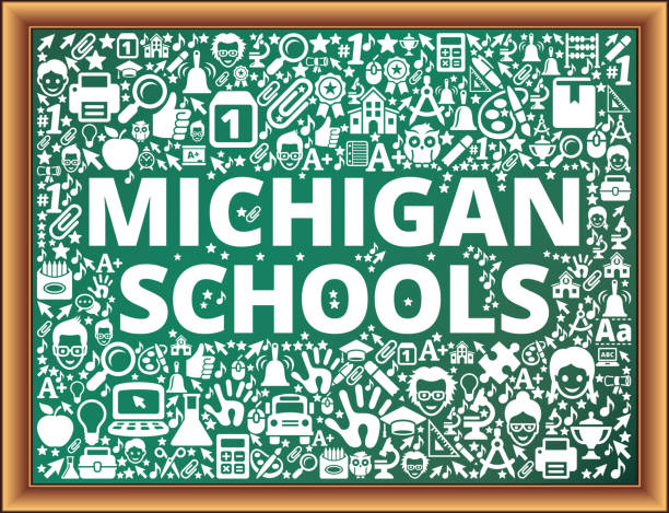 Michigan Schools School and Education Vector Icons on Chalkboard Michigan Schools School and Education Vector Icons on Chalkboard. The main object of this royalty free illustration is the key word surrounded by school and education vector icon pattern. The key word and icons are depicted on a green chalkboard and are white in color. The chalk board has a wooden frame. This illustration is conceptual and is perfect for school and education industries. Each icon can be used independently from the background set. michigan football stock illustrations