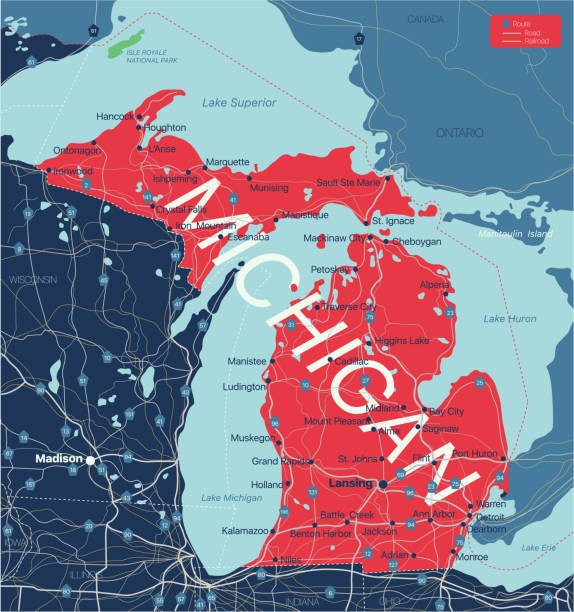 Michigan state detailed editable map Michigan state detailed editable map with cities and towns, geographic sites, roads, railways, interstates and U.S. highways. Vector EPS-10 file, trending color scheme michigan stock illustrations