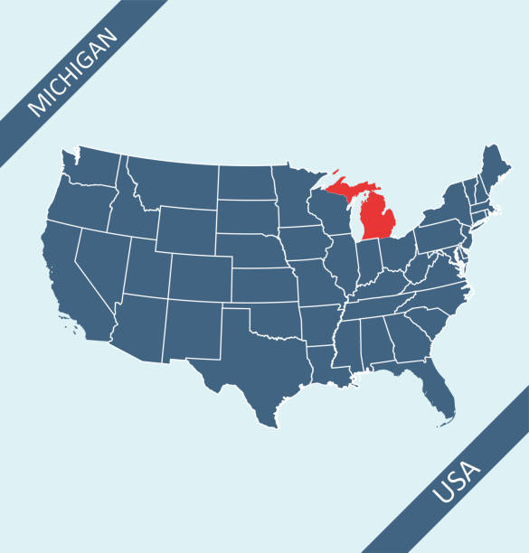 negara bagian michigan di peta as - grand rapids michigan ilustrasi stok.