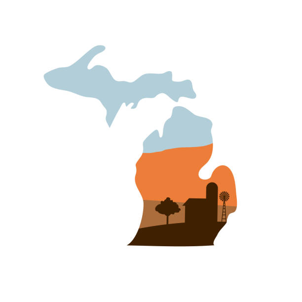 ilustraciones, imágenes clip art, dibujos animados e iconos de stock de forma de estado de michigan con granja en w sunset molino, granero y un árbol - michigan