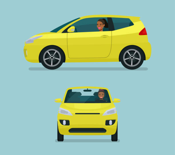 Micro car two angle set. Car with driver afro american woman, side view and front view. Vector flat style illustration. Micro car two angle set. Car with driver afro american woman, side view and front view. Vector flat style illustration. hatchback stock illustrations