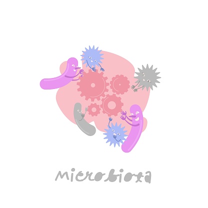 Microbiota cartoon character in a trendy style. Bacterias in your stomach. Microflora, gut flora image. Metabolismus sign. Creative pictogram. Editable vector illustration on a white background