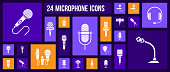 Microphone silhouette icons set. Isolated sign kit of mic. Journalist Interview pictograms includes karaoke party, sing, professional speaker. Simple white contour symbol. Mike vector Icon shape
