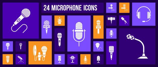 Microphone mic voice record white icon vector set Microphone silhouette icons set. Isolated sign kit of mic. Journalist Interview pictograms includes karaoke party, sing, professional speaker. Simple white contour symbol. Mike vector Icon shape mic stencil stock illustrations
