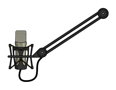 Microphone mounted on a boom arm.