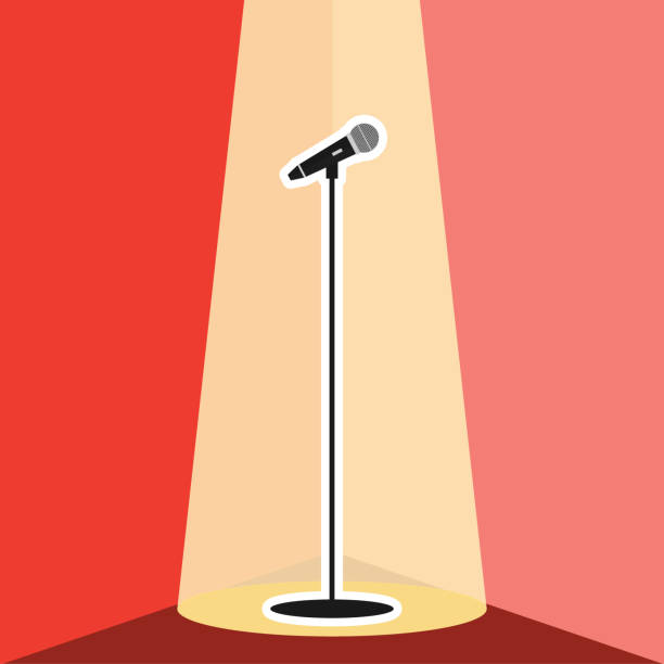 Microphone on the stand. Cartoon illustration of a vocal microphone on a stand on a red background. Vector, cartoon illustration. Vector. vector art illustration