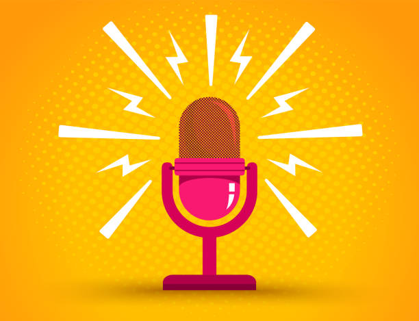 mikrofon auf gelbem halbtonhintergrund - podcast stock-grafiken, -clipart, -cartoons und -symbole