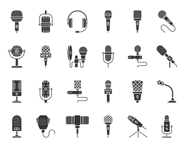Microphone shape black silhouette icons vector set Microphone silhouette icons set. Web sign kit of mic. Journalist Interview pictograms of conference technology, song, vocal. Simple voice recorder black symbol isolated on white. Vector Icon shape mic stencil stock illustrations