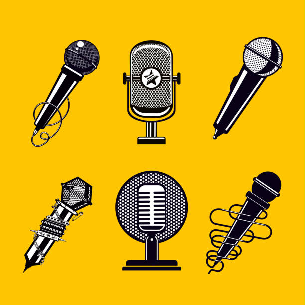 Microphone vector icon set. Vintage mic collection. Microphone vector icon set. Vintage mic collection. Retro signs on isolated background. microphone stock illustrations