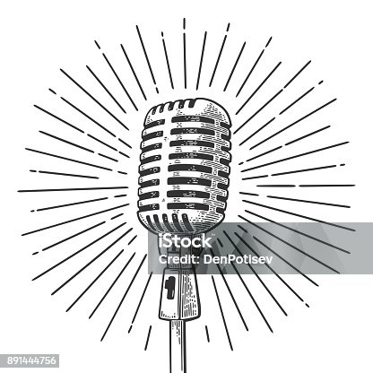 istock Microphone with ray. Vintage vector black engraving illustration 891444756