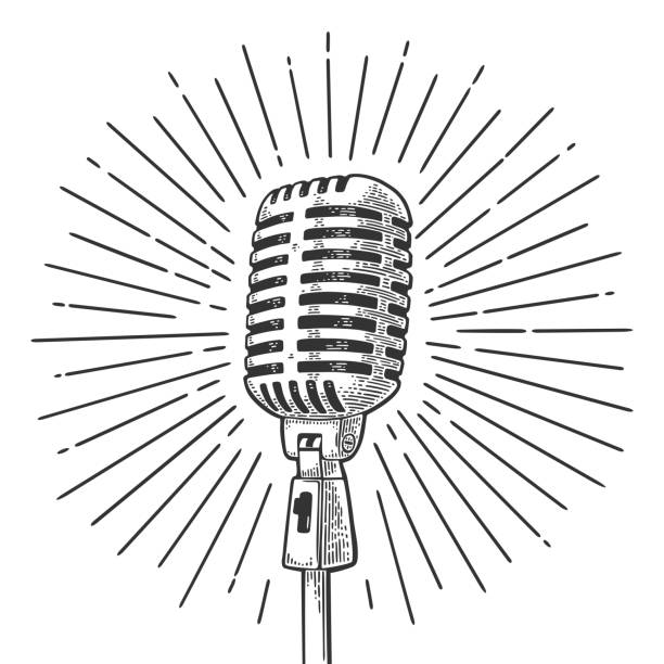 mikrofon mit ray. vintage schwarze gravur vektorgrafik - mikrofon stock-grafiken, -clipart, -cartoons und -symbole