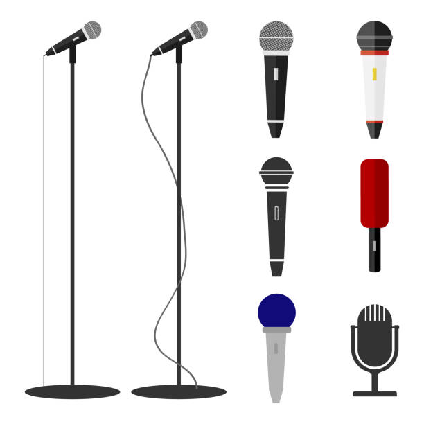 mikrofone, eine reihe von mikrofonen. mikrofon stehen. - mikrofon stock-grafiken, -clipart, -cartoons und -symbole