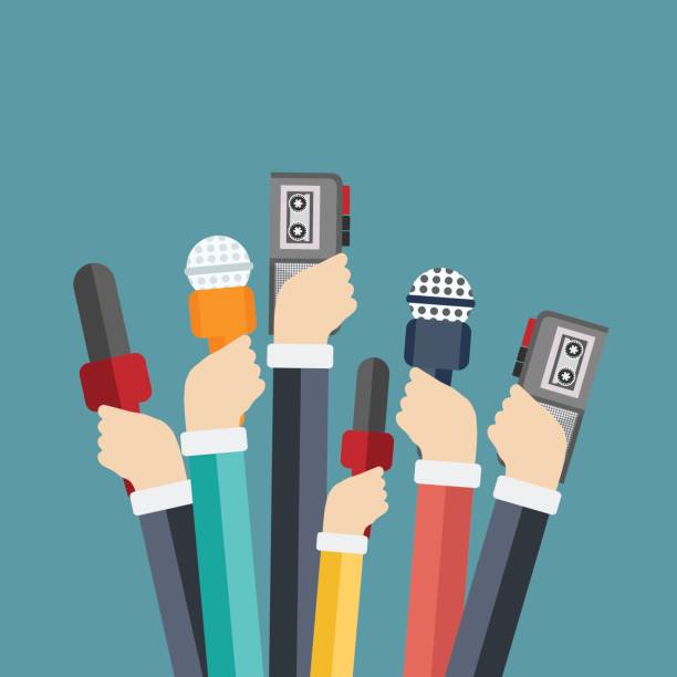 Microphones in reporter hands. Set of microphones and recorders isolated on blue background. Mass media, television, interview, breaking news, press conference concept. Flat vector illustration. Microphones in reporter hands. Set of microphones and recorders isolated on blue background. Mass media, television, interview, breaking news, press conference concept. Flat vector illustration. interview background stock illustrations