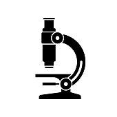 Microscope icon. Black, minimalist icon isolated on white background. Microscope simple silhouette. Web site page and mobile app design vector element.