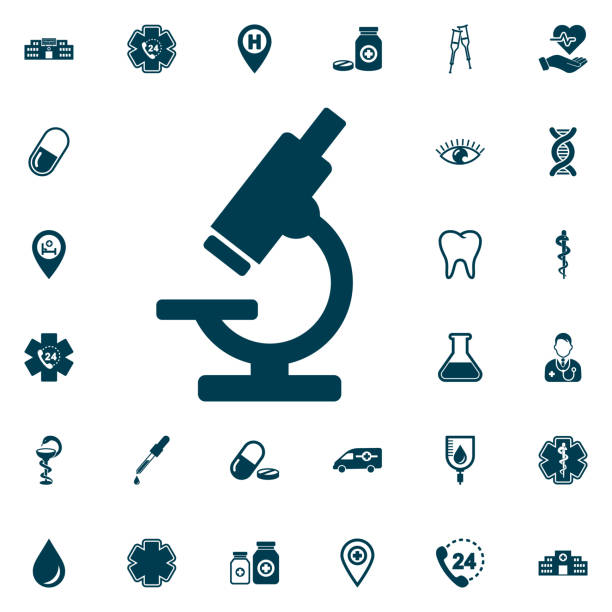 mikroskop iconset, medizinische auf weißem hintergrund. vektor-illustration. isoliert - mikroskop stock-grafiken, -clipart, -cartoons und -symbole