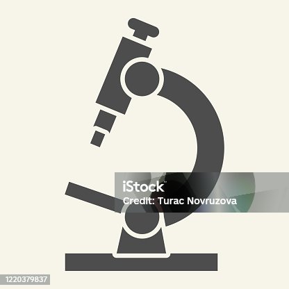 istock Microscope solid icon. Scientific microscope glyph style pictogram on white background. Pharmacy and science research tool for mobile concept and web design. Vector graphics. 1220379837