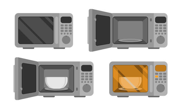 Microwave oven. Vector set  illustration. Power off, open, with dish, power on. An automatic appliances used for cooking Microwave oven. Vector set  illustration. Power off, open, with dish, power on. An automatic appliances used for cooking microwave stock illustrations