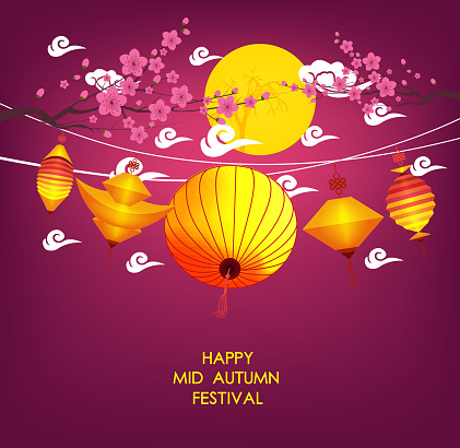 Mid Autumn Festival vector background with lantern and plum blossom