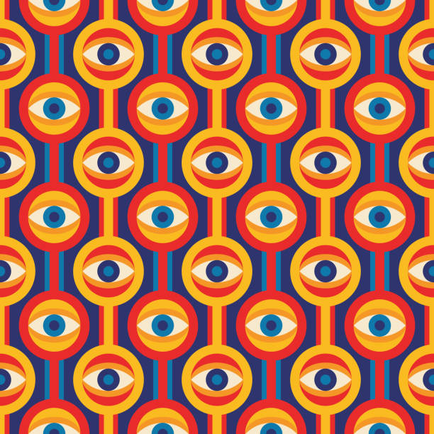 Mid-century modern art vector background with eye symbol. Abstract geometric seamless pattern. Decorative ornament in retro vintage design style. Atomic stylized backdrop. Mid-century modern art vector background with eye symbol. Abstract geometric seamless pattern. Decorative ornament in retro vintage design style. Atomic stylized backdrop. eye designs stock illustrations
