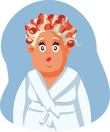 Middle Aged Woman Wearing Hair Rollers and Bathrobe