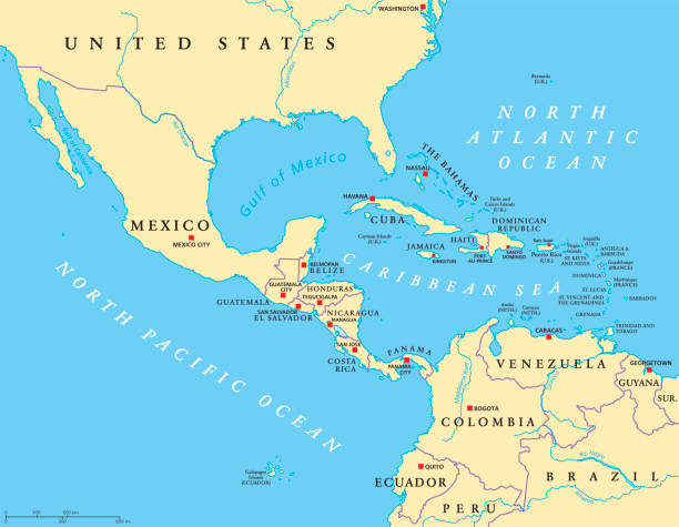 Middle America political map Middle America political map with capitals and borders. Mid-latitudes of the Americas region. Mexico, Central America, the Caribbean and northern South America. Illustration. English labeling. Vector. central america stock illustrations