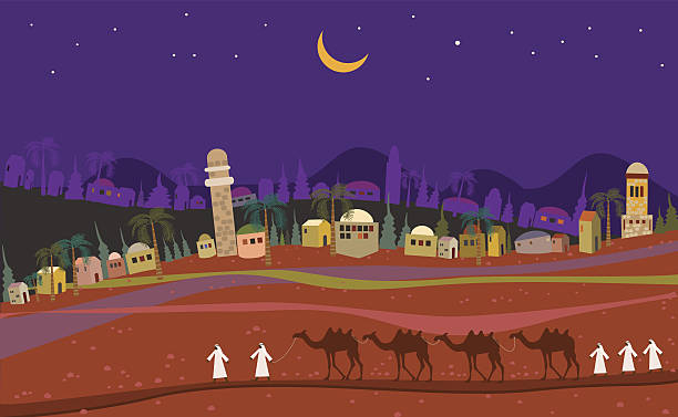 中東の夜の風景 - オアシス点のイラスト素材／クリップアート素材／マンガ素材／アイコン素材